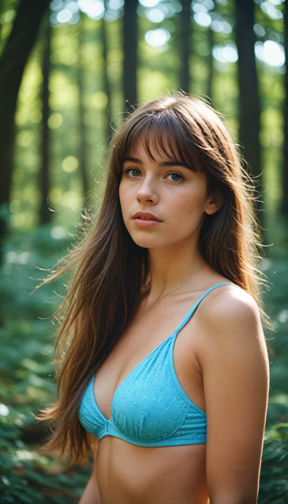 high detailed and realistic upper body portrait from a breathtakingly beautiful natural (18-year-old girl) with warm amber eyes and luxuriously thick (light brown detailed long smooth straight hair, bangs), full lips, (wears a light blue bikini that support her perfect body, stands in an autumnal forest)