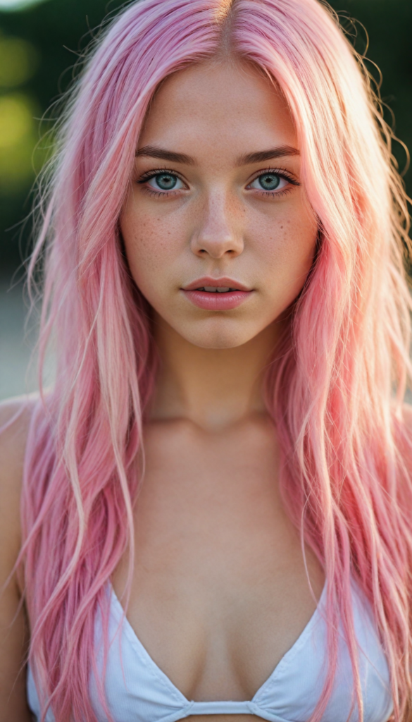 a upper-body portrait from a cute young girl with long, straight pink hair, super detailed face, detailed eyes, full lips, white bikini