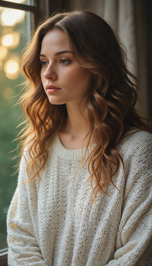 a captivating young woman with cascading, soft waves of light brown hair that shimmer in the sunlight, enveloped in a cozy, oversized white wool sweater that highlights her graceful curves in an ethereal way. The background features a dreamy autumnal landscape, softly blurred to accentuate her enchanting beauty, bathed in golden hues of sunset. Her gaze is both alluring and contemplative, reminiscent of a classic portrait by John William Waterhouse, blending realism with a touch of romanticism.