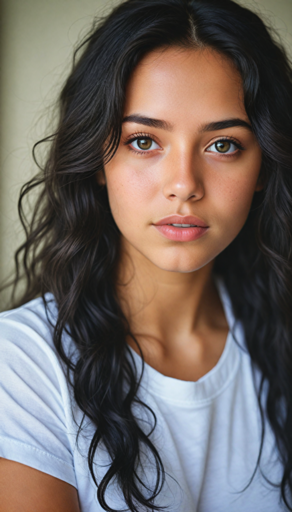 a stunning young detailed girl, beautiful eyes, full lips, soft long obsidian black wavy hair, perfect portrait, white t-shirt