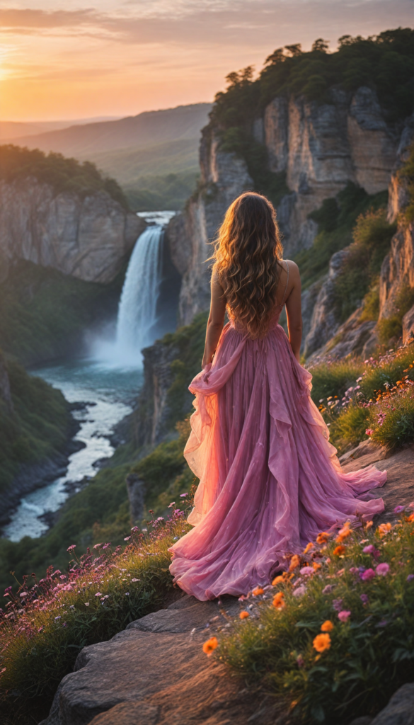 a breathtaking scene featuring a gorgeous girl with cascading, flowing hair that glistens in the sunlight. She stands on the edge of a cliff overlooking a vibrant sunset, with hues of orange, pink, and purple blending in the sky. The wind gently tousles her hair, creating an ethereal aura around her. Surrounding her are wildflowers in full bloom, adding pops of color to the landscape, and a distant waterfall cascading down rocks, reflecting the evening light. The art style combines elements of Romanticism with a touch of Impressionism, capturing both the beauty of nature and the serene elegance of the girl.