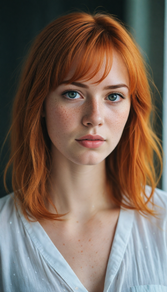 a (softly beautiful young busty girl), with skin that radiates a natural glow, freckles, and imperfections, followed by delicate (full lips), set against a backdrop of a (short, bangs-cut, straight soft long orange hair) and (an imperfect, yet radiant complexion), all framed by a (black, simple outfit) that complements her youthful innocence, against a (white, pure, simple background)