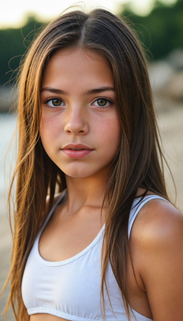 a upper-body portrait from a cute young girl with long, straight brown hair, super detailed face, detailed eyes, full lips, white bikini