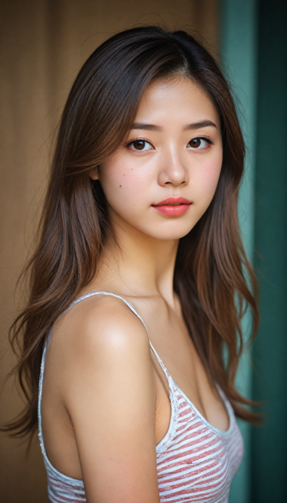 a (beautifully realistic cute Japanese teen girl, she looks seductive), with long, flowing, voluminous, light brown soft hair, flawless (porcelain skin), a small flawless nose, and rosy red lips, dressed in a (plain very short tight revealing translucent tank top), posing confidently, Korean