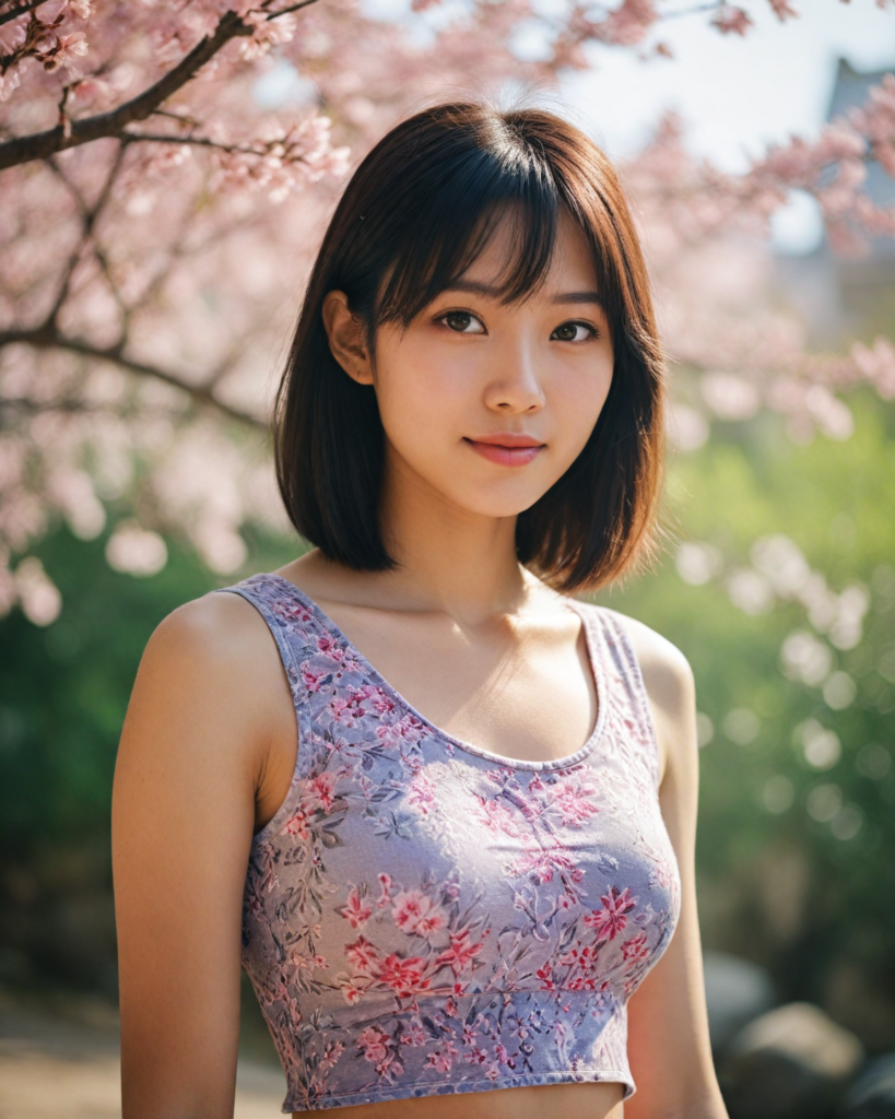 a beautifully captured upper-body portrait of a young Asian girl with long, silky dark hair cascading down her shoulders, elegantly highlighted by subtle sunlight. She has charming bangs framing her round face, which glows with youthful radiance. Her striking light amber eyes, reminiscent of shimmering honey, sparkle with curiosity as they engage the viewer directly. Her full lips are slightly curved into a gentle smile, adding warmth to the scene. She's dressed in a stylishly cropped tank top adorned with intricate floral patterns, infused with vibrant colors, set against a softly blurred, dreamy background of blooming cherry blossoms, evoking a sense of springtime wonder and innocence, reminiscent of a blend between contemporary portrait photography and soft impressionistic art.