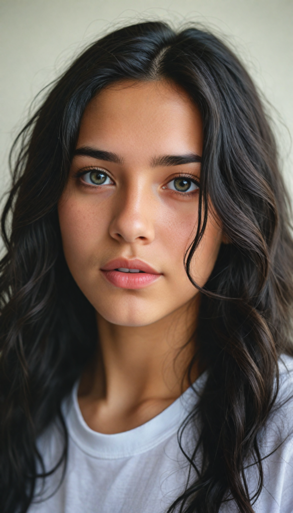 a stunning young detailed girl, beautiful eyes, full lips, soft long obsidian black wavy hair, perfect portrait, white t-shirt