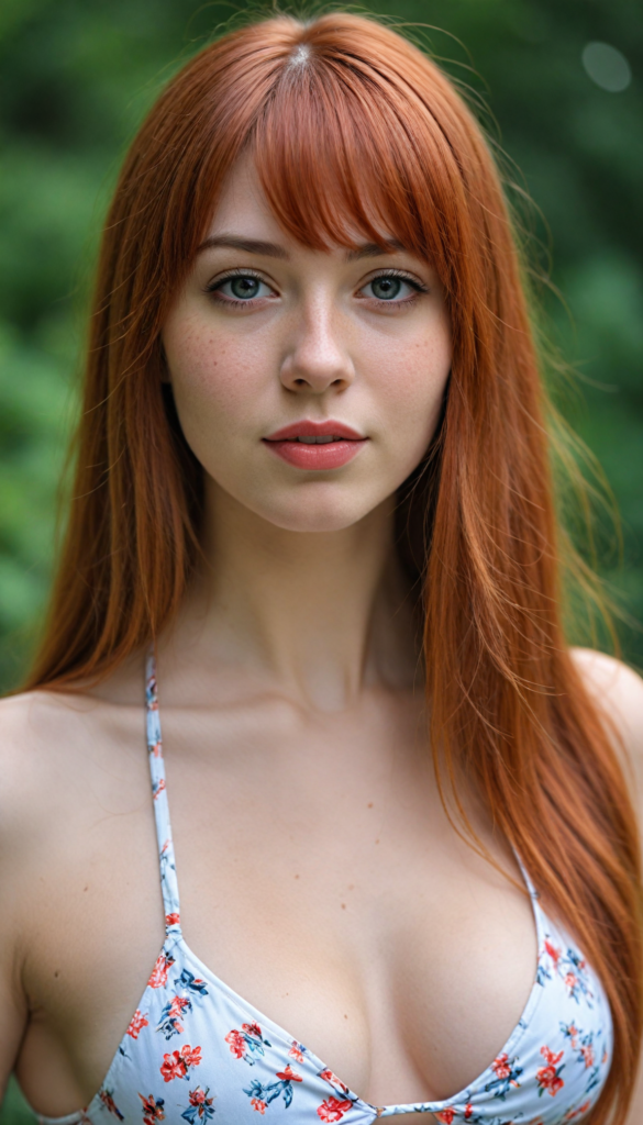 a (beautifully realistic cute busty teen girl), with long, flowing, straight, red straight hair, bangs cut, flawless (porcelain skin), a small flawless nose, and red lips, dressed in a (plain very short tight revealing translucent bikini), posing confidently