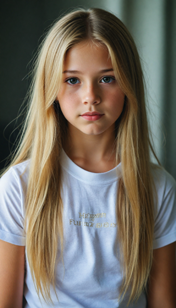 a stunning young girl, soft long gold hair, perfect portrait, white t-shirt