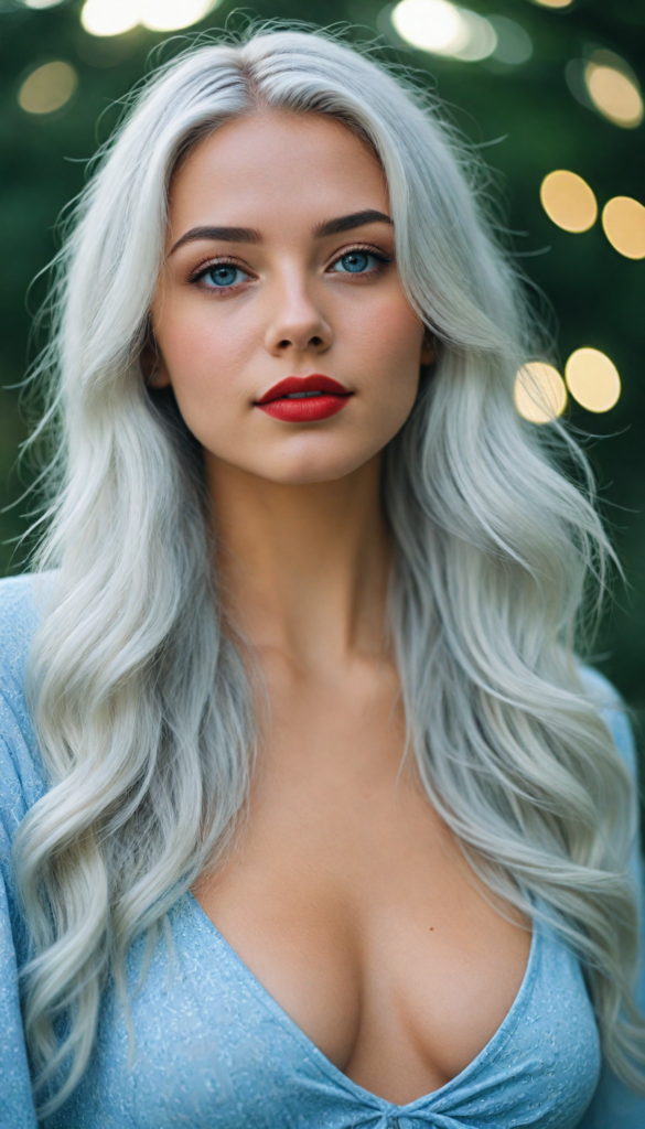 a (very beautiful teenage girl), with long, flowing, voluminous (detailed soft white hair), styled in a sleek, shiny, straight haircut with sharp, defined (full red lips), emitting an ethereal glow that complements her otherwise natural features, dressed in a (bikini, deep v-neck), perfect curved fit body, round realistic face, round shiny light blue eyes