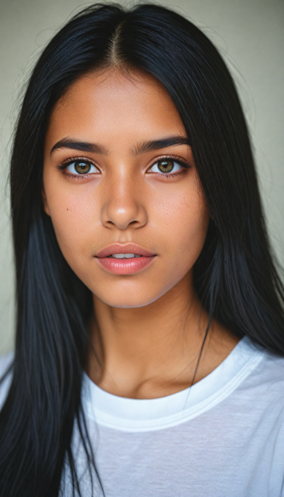 a stunning young detailed Exotic girl, beautiful eyes, full lips, soft long obsidian black straight hair, perfect portrait, white t-shirt