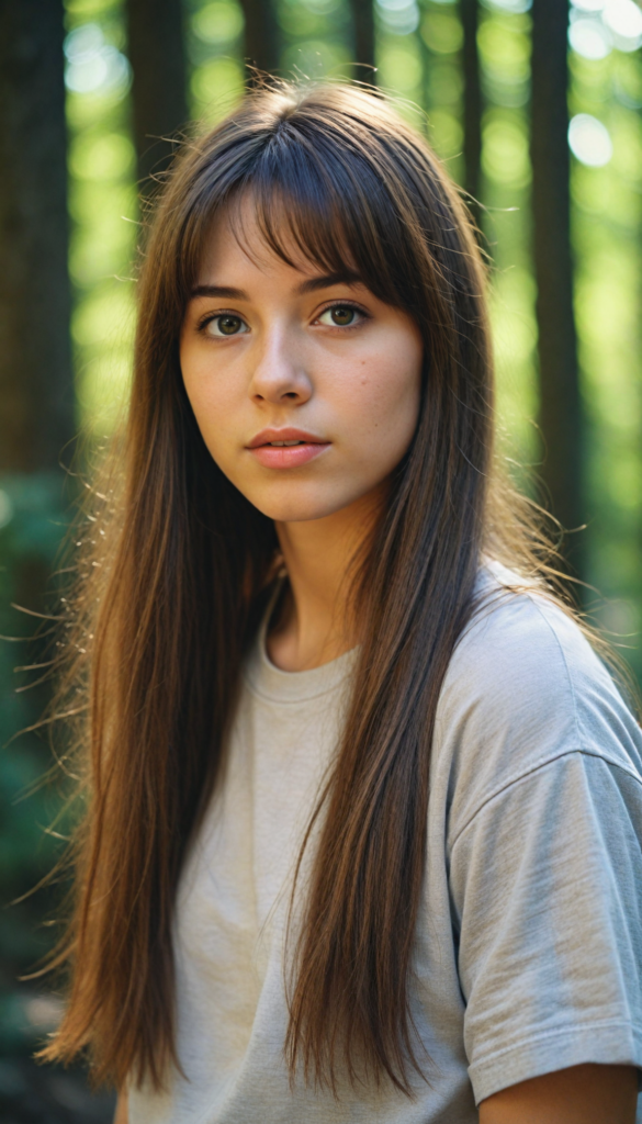 high detailed and realistic upper body portrait from a breathtakingly beautiful natural (18-year-old girl) with warm amber eyes and luxuriously thick (light brown detailed long smooth straight hair, bangs), full lips, (wears a light brown form-fitting plain t-shirt that support her perfect body, stands in an autumnal forest)