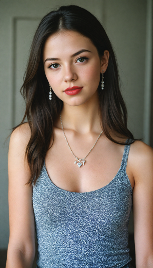 a (beautifully realistic cute model teen girl), with long, flowing, voluminous, dark brown hair featuring (straight hair), flawless (porcelain skin), a small flawless nose, and rosy red lips, dressed in a (plain very short tight revealing translucent tank top and miniskirt), complemented by a sparkling necklace and matching earrings, posing confidently