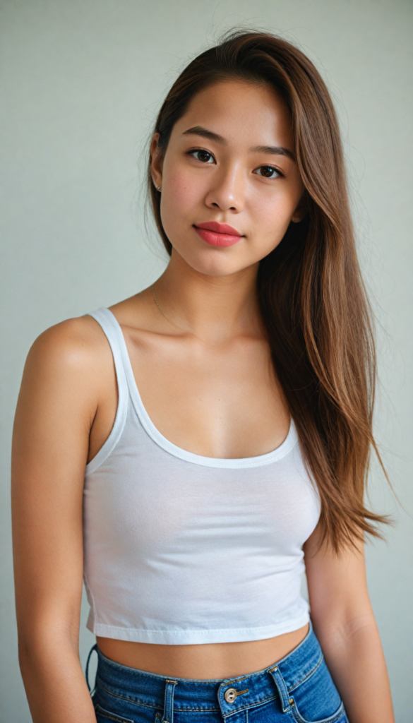 a (beautifully realistic cute teen girl), with long, flowing, voluminous, light brown soft hair, flawless (porcelain skin), a small flawless nose, and rosy red lips, dressed in a (plain very short tight revealing translucent tank top), posing confidently, Philippines