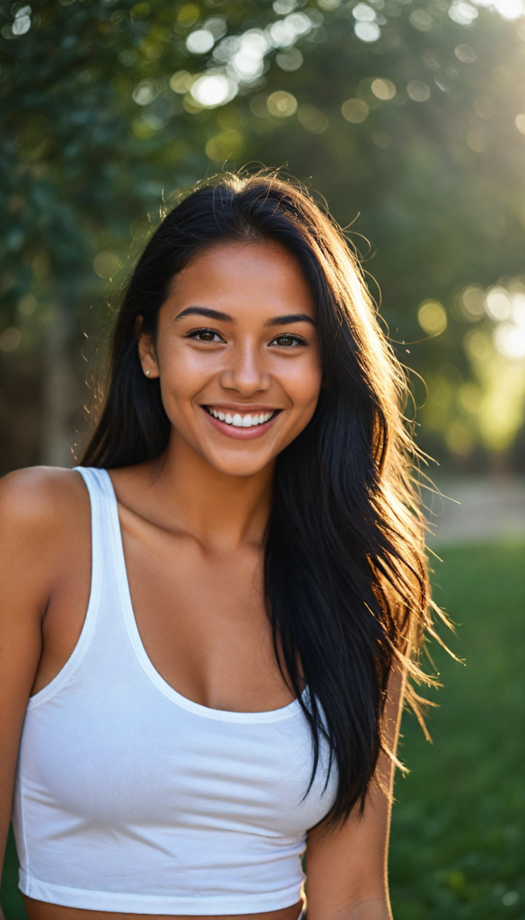 a (tanned young girl) with a joyful and sunny smile, wearing a sleek and fitted short crop white tank top that showcases her perfect curves, captured in a (flawless portrait), with black long straight smooth hair