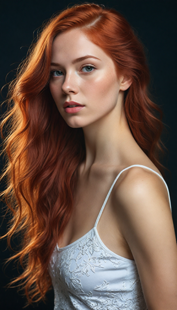 A strikingly realistic and detailed portrait of a young woman with long, flowing jet red hair that cascades softly over her shoulders, illuminated by gentle, ethereal lighting against a deep black background. Captured in a dynamic side view, she wears a delicate, cropped white tank top crafted from luxurious filigree wool, subtly accentuating her graceful form. The low light casts soft shadows that enhance her features, while whimsical elements like shimmering sparks or floating petals weave through the composition, adding an enchanting atmosphere to this serene yet captivating moment.