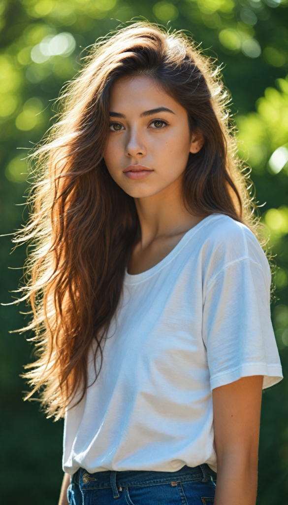 a breathtaking scene featuring a gorgeous and stunning girl with cascading hair, long white t-shirt, sunny green backdrop, detailed face, hair and eyes