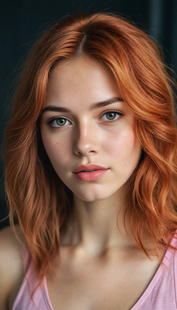 a (very beautiful teenage girl), with long, flowing, voluminous (detailed soft red amber hair), styled in a sleek, shiny, straight haircut with sharp, defined (full red lips), emitting an ethereal glow that complements her otherwise natural features, dressed in a (pink short thin plain and cropped tank top made of fine wool, deep v-neck), perfect curved fit body, round realistic face, round shiny amber eyes