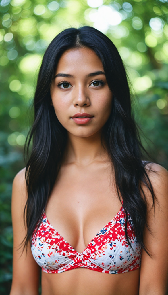 upper-body, a (beautifully realistic cute busty Indigenous teen girl), with long, jet hair, flawless (porcelain skin), a small flawless nose, and rosy red lips, dressed in a (plain very short tight revealing translucent bikini), posing confidently