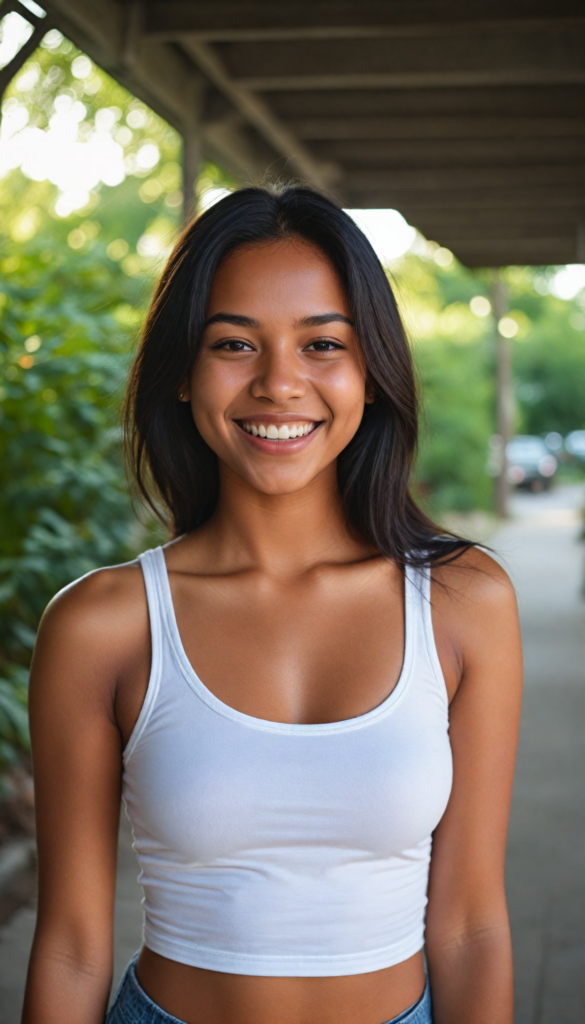 a (brown-skinned teen girl) with a joyful and sunny smile, wearing a sleek and fitted short crop white tank top that showcases her perfect, curves, captured in a (flawless portrait), with black long straight smooth hair