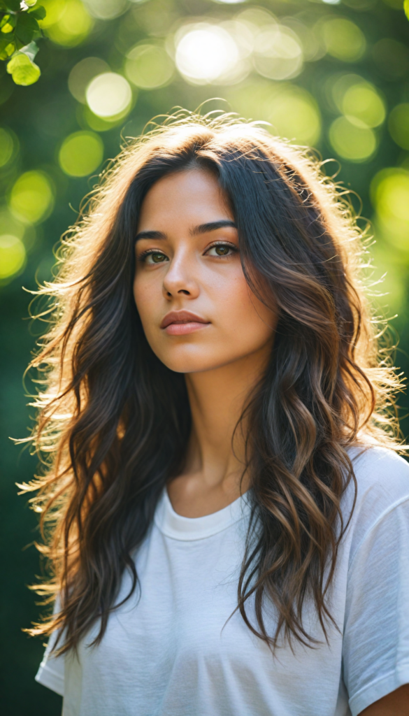 a breathtaking scene featuring a gorgeous and stunning girl with cascading hair, long white t-shirt, sunny green backdrop, detailed face, hair and eyes