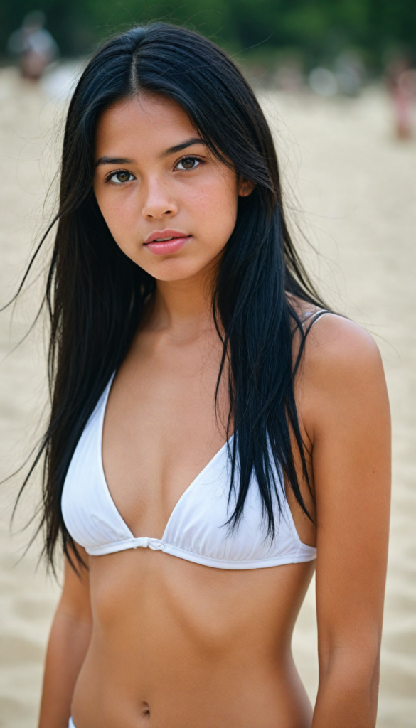 a upper-body portrait from a cute young girl with long, straight black hair, super detailed face, detailed eyes, full lips, white bikini