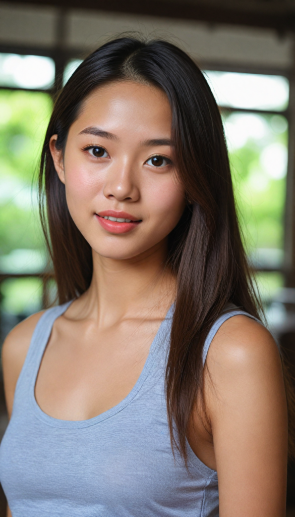 a (beautifully realistic cute Chinese teen girl), with long, flowing, voluminous, light brown soft hair, flawless (porcelain skin), a small flawless nose, and rosy red lips, dressed in a (plain very short tight revealing translucent tank top), posing confidently, Philippines