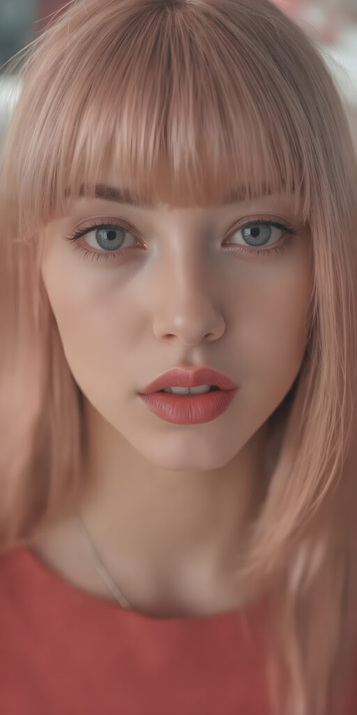 girl, super straight detailed pink hair, perfect bangs frame her round face, full red lips