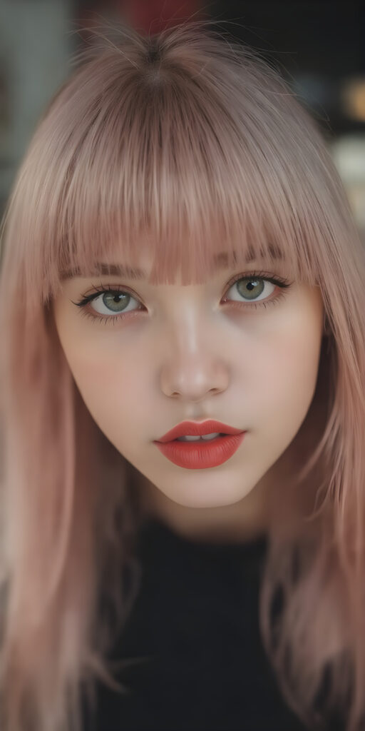 girl, super straight detailed pink hair, perfect bangs frame her round face, full red lips