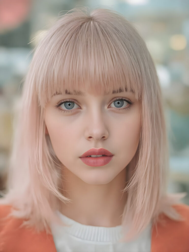 girl, super straight detailed pink hair, perfect bangs frame her round face, full red lips