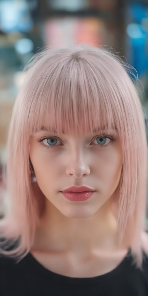 girl, super straight detailed pink hair, perfect bangs frame her round face, full red lips