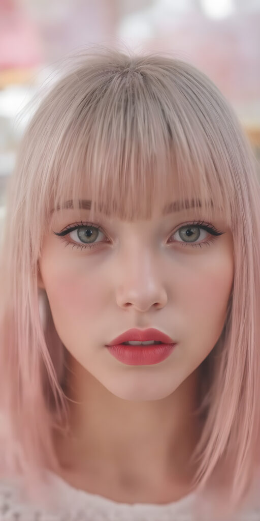 girl, super straight detailed pink hair, perfect bangs frame her round face, full red lips