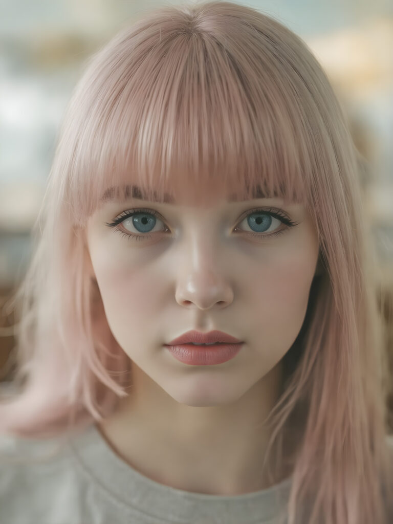 girl, super straight detailed pink hair, perfect bangs frame her round face, full red lips