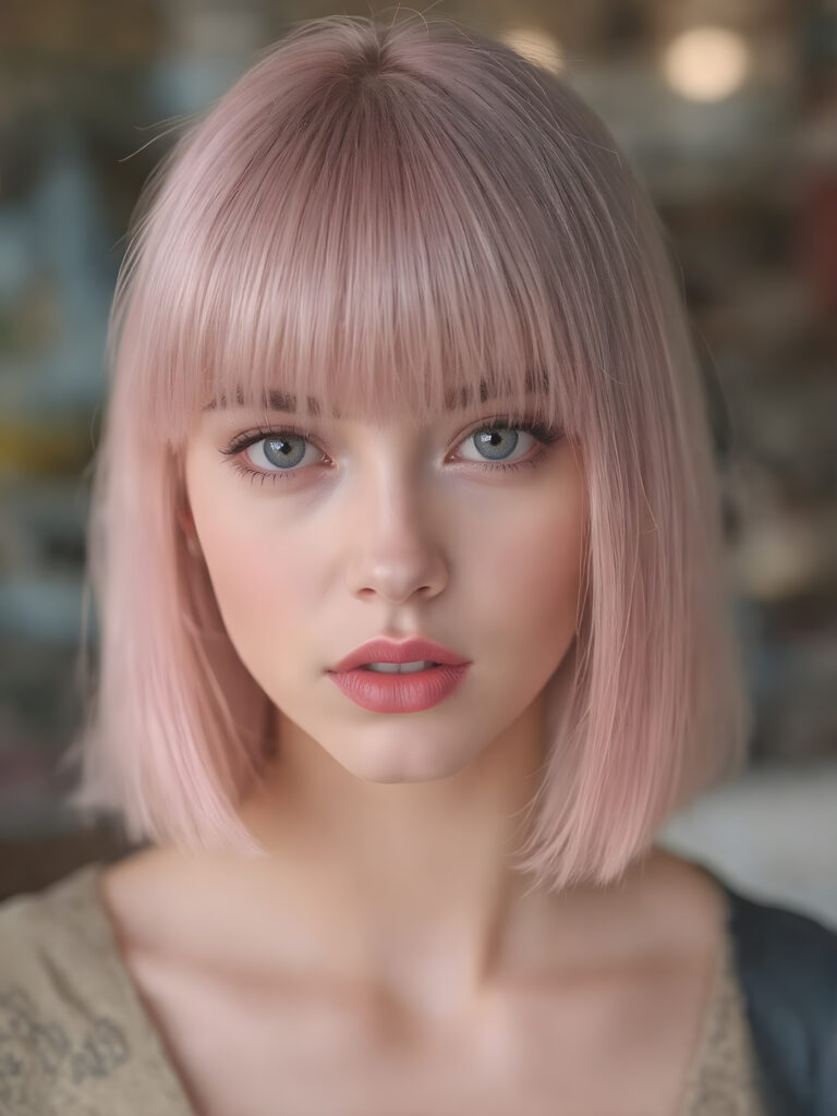 girl, super straight detailed pink hair, perfect bangs frame her round face, full red lips