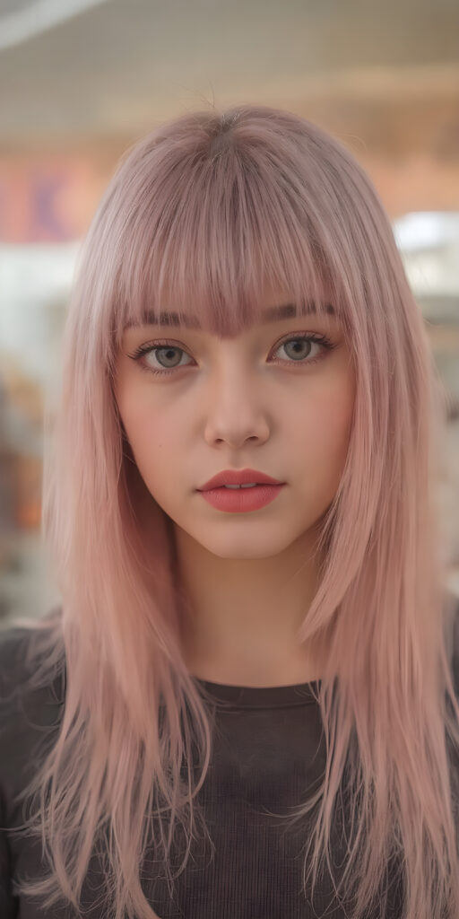 girl, super straight detailed pink hair, perfect bangs frame her round face, full red lips