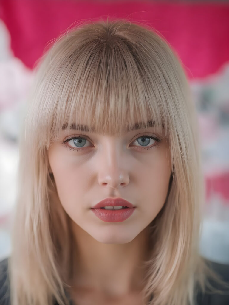 girl, super straight detailed pink hair, perfect bangs frame her round face, full red lips