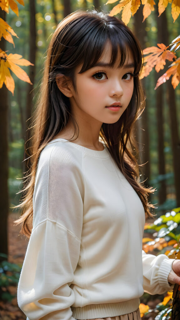 ((gorgeous)), ((stunning)), (side view), (best quality, masterpiece), ((full body)), deep shadow, depth of field, photo with beautiful saturation, ultra high resolution, a cute Exotic girl, 14 years old, wears a (thin tight white chiffon sweater), perfect curved body, ultra realistic face, (((detailed hair, bangs cut))), beautiful saturation, ultra high resolution, deep shadow, in an autumn forest