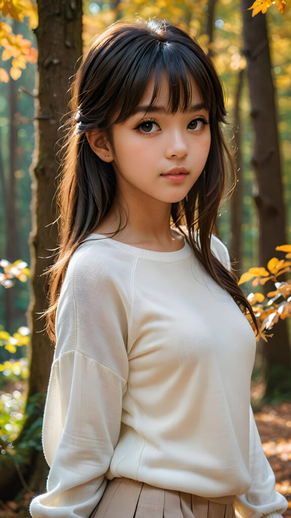 ((gorgeous)), ((stunning)), (side view), (best quality, masterpiece), ((full body)), deep shadow, depth of field, photo with beautiful saturation, ultra high resolution, a cute Exotic girl, 14 years old, wears a (thin tight white chiffon sweater), perfect curved body, ultra realistic face, (((detailed hair, bangs cut))), beautiful saturation, ultra high resolution, deep shadow, in an autumn forest