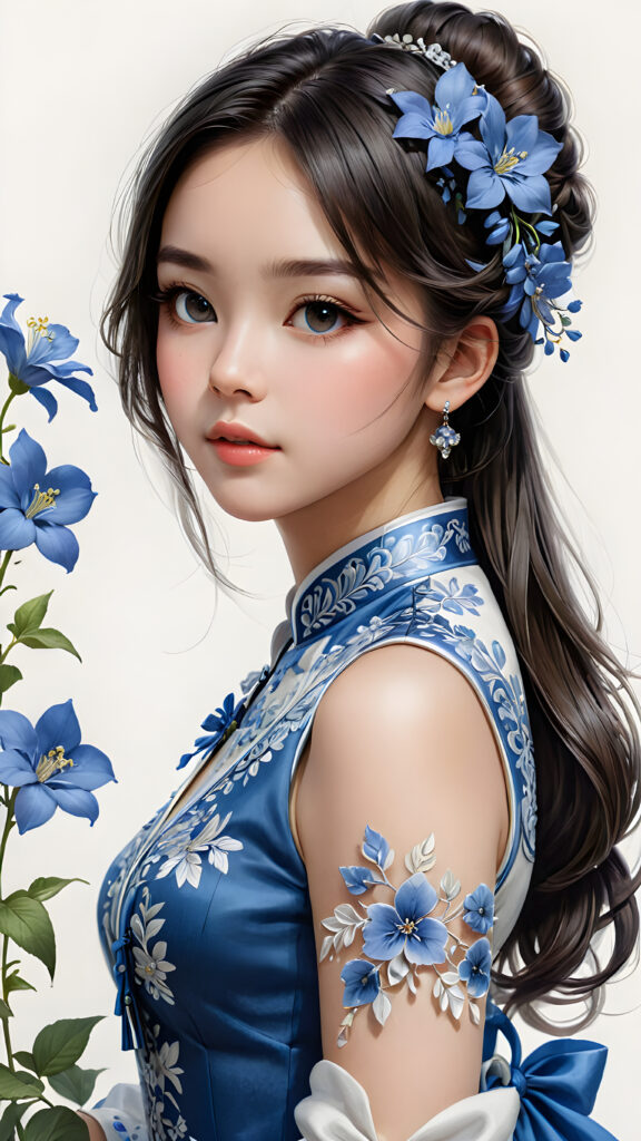 ((gorgeous)) ((attractive)) ((stunning)) ((young)) china girl, classic dressed, blue flowers, detailed pencil drawing