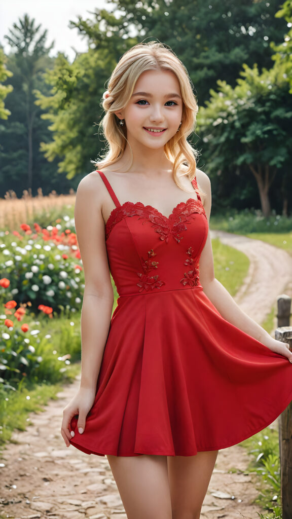 ((gorgeous)) ((stunning)) an ultra high definition, intricate details that make the scene feel hyper-realistic, with a close-up full body shot of a (((cute girl))), 17 years old, blond hair, showing off her legs as (((fully clothed))) while maintaining a playful smile, wears a elegant dress in red, stand in a field