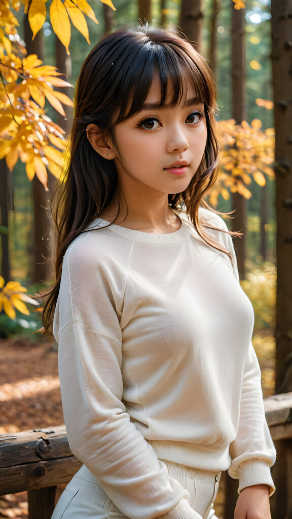 ((gorgeous)), ((stunning)), (side view), (best quality, masterpiece), ((full body)), deep shadow, depth of field, photo with beautiful saturation, ultra high resolution, a cute Exotic girl, 14 years old, wears a (thin tight white chiffon sweater), perfect curved body, ultra realistic face, (((detailed hair, bangs cut))), beautiful saturation, ultra high resolution, deep shadow, in an autumn forest