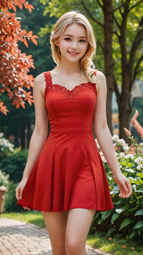 ((gorgeous)) ((stunning)) an ultra high definition, intricate details that make the scene feel hyper-realistic, with a close-up full body shot of a (((cute girl))), 17 years old, blond hair, showing off her legs as (((fully clothed))) while maintaining a playful smile, wears a elegant dress in red, stand in a field