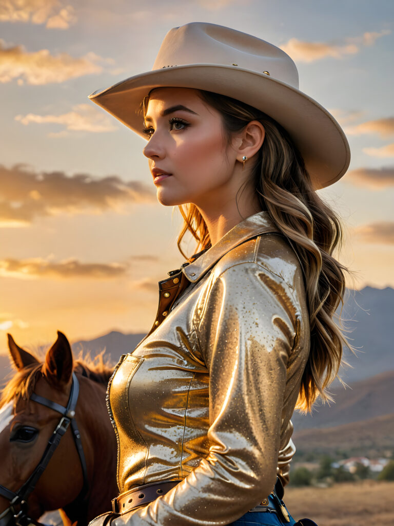 (hyper-realistic, highly-detailed, vivid ((full body ((profile)) photo))), with ((rich colors, golden highlights, golden light)), ((low light)), ((crisp details)), ((dramatic diffuse backlighting)), ((high-dynamic range)), ((dramatic sunset)) cowgirl, perfect pose