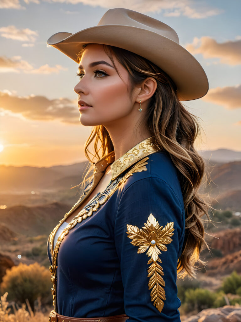 (hyper-realistic, highly-detailed, vivid ((full body ((profile)) photo))), with ((rich colors, golden highlights, golden light)), ((low light)), ((crisp details)), ((dramatic diffuse backlighting)), ((high-dynamic range)), ((dramatic sunset)) cowgirl, perfect pose