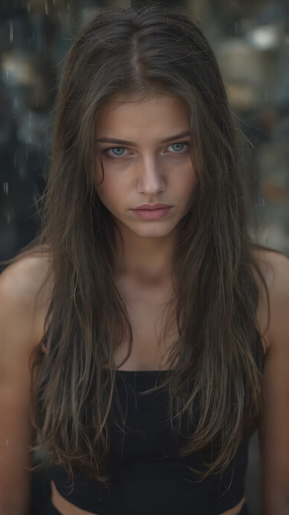 hyper realistic photography of beautiful 16 years old Exotic teen girl, with detailed long full wet soft hair, realistic and detailed eyes, standing in the rain, looking sadly into the camera, wear wet tight black tube top, super short round mini skirt, perfect curved body, dynamic cinematic lights, full body shot, exotic perfect detailed face, ultra hyper detailed, wet skin