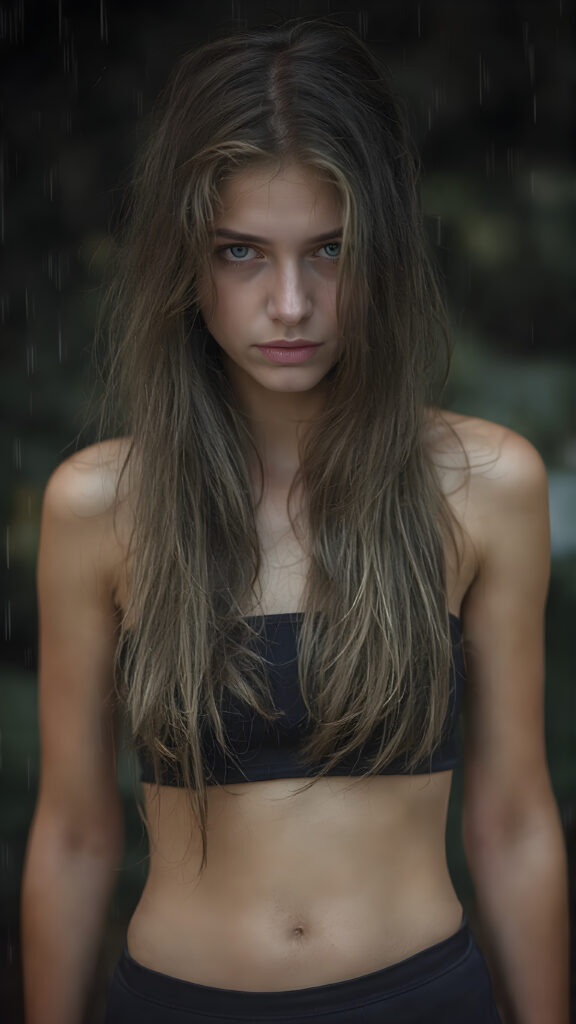 hyper realistic photography of beautiful 16 years old Exotic teen girl, with detailed long full wet soft hair, realistic and detailed eyes, standing in the rain, looking sadly into the camera, wear wet tight black tube top, super short round mini skirt, perfect curved body, dynamic cinematic lights, full body shot, exotic perfect detailed face, ultra hyper detailed, wet skin