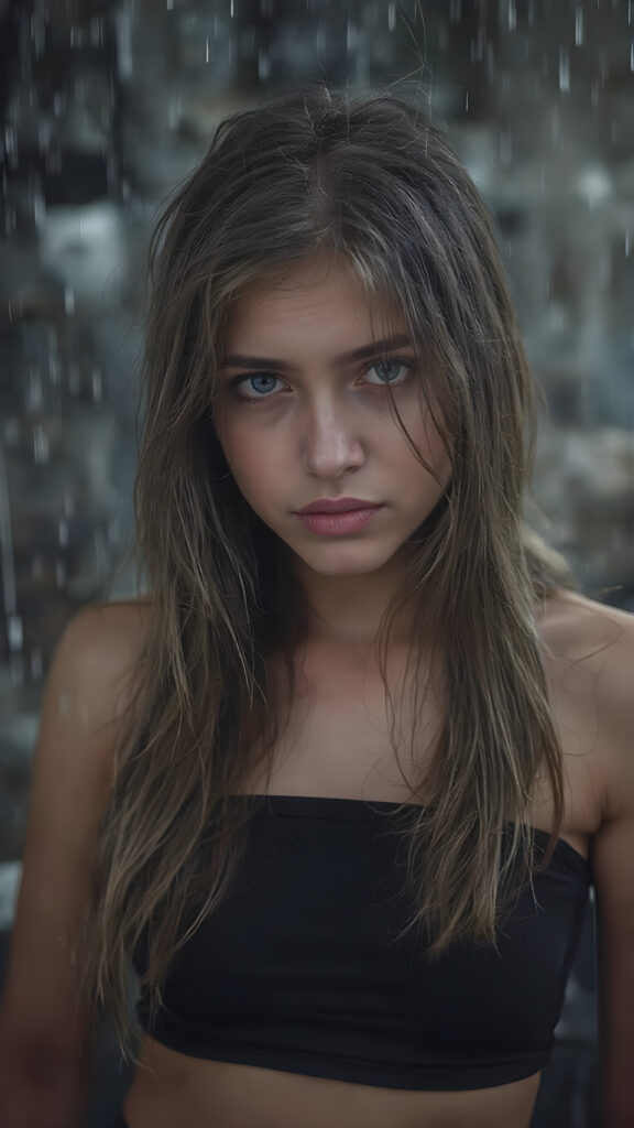 hyper realistic photography of beautiful 16 years old Exotic teen girl, with detailed long full wet soft hair, realistic and detailed eyes, standing in the rain, looking sadly into the camera, wear wet tight black tube top, super short round mini skirt, perfect curved body, dynamic cinematic lights, full body shot, exotic perfect detailed face, ultra hyper detailed, wet skin