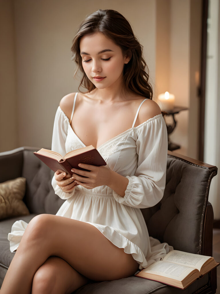 imagine a serene setting where a young girl sits comfortably, leaning forward with a book open in her hands, creating a delicate (((downblouse view))). Her posture exudes grace and poise, as if lost in thought, amidst a softly diffused glow that accentuates the curve of her figure. The overall atmosphere is one of understated elegance, inviting viewer to appreciate the simple pleasures of life