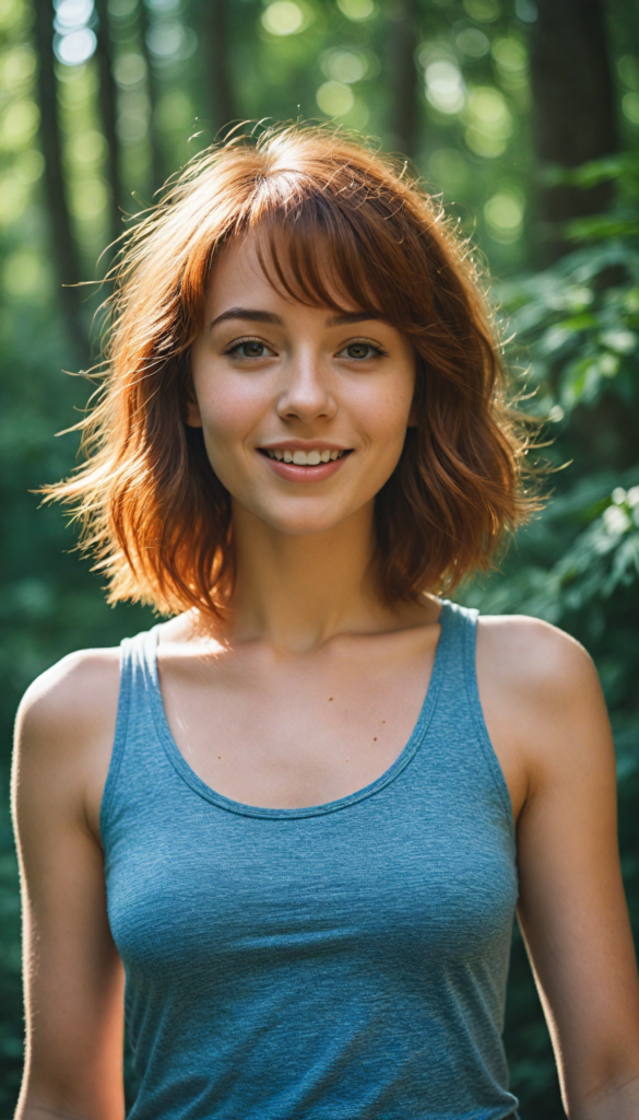 a stunning teenage girl with rich auburn hair cut into stylish bob bangs, wearing a chic, form-fitting tank top that contrasts beautifully with the soft, dappled light filtering through a lush, natural forest background; her radiant smile exudes pure joy and warmth, capturing the essence of a sunlit afternoon; details of delicate sunbeams dancing around her, giving a magical aura, evoking a blend of vibrant realism and whimsical charm reminiscent of a contemporary portrait painting.