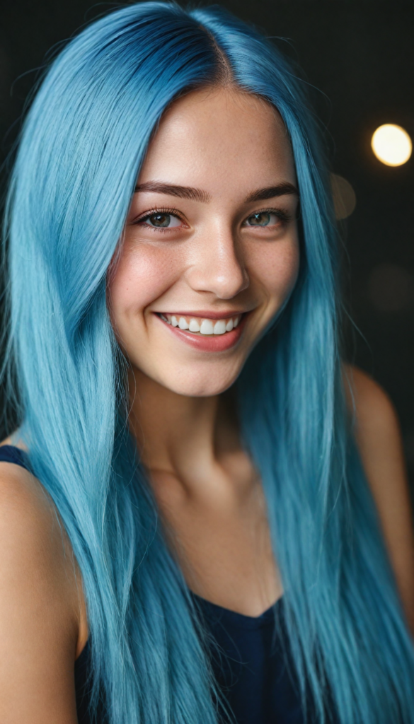 a detailed and super realistic portrait from a young stunning gorgeous girl with long, soft jet straight blue hair, smile, upper body