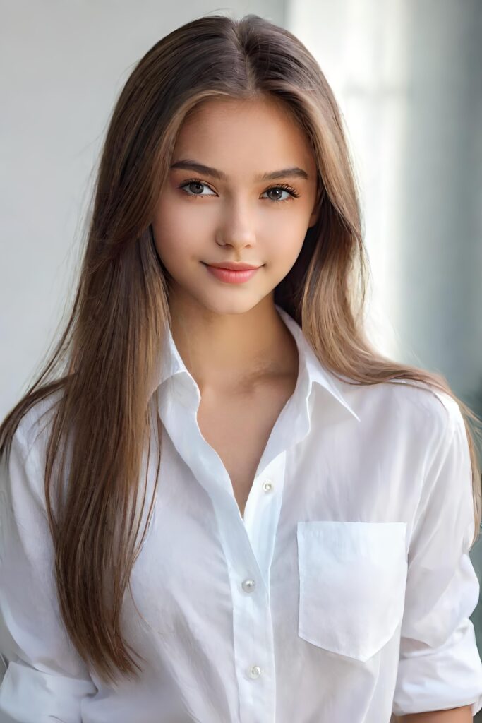 super realistic, detailed portrait, a beautiful young girl with long hair looks sweetly into the camera. She wears a white shirt.